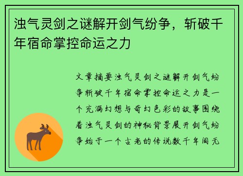 浊气灵剑之谜解开剑气纷争，斩破千年宿命掌控命运之力